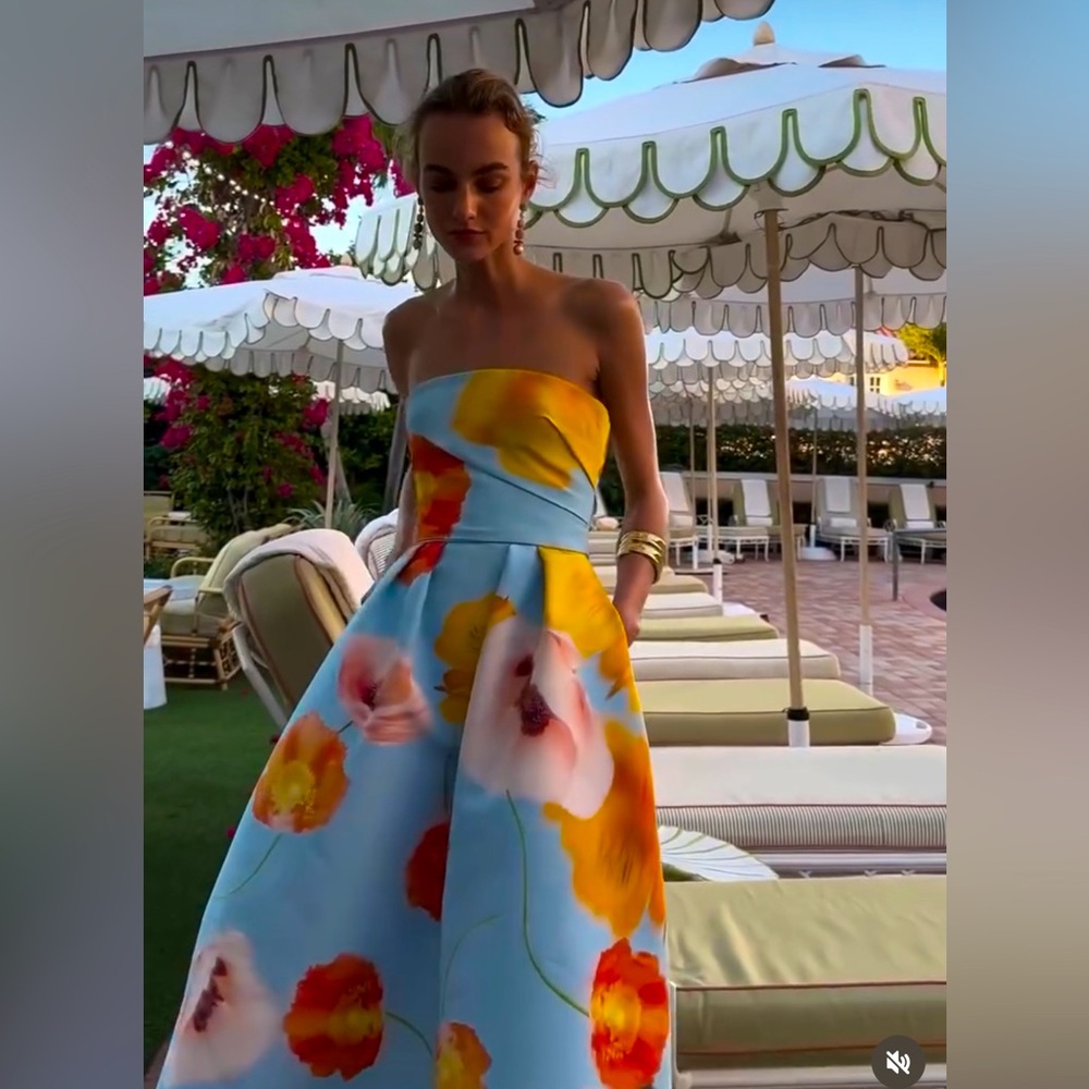 Floral Strapless Dress in Blue and Orange